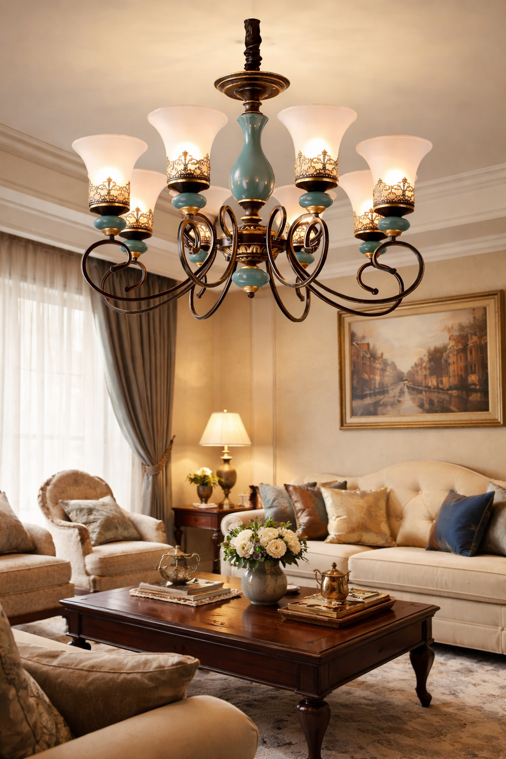 Teal ceramic six-light chandelier with frosted flared shades and bronze-tone scroll arms.