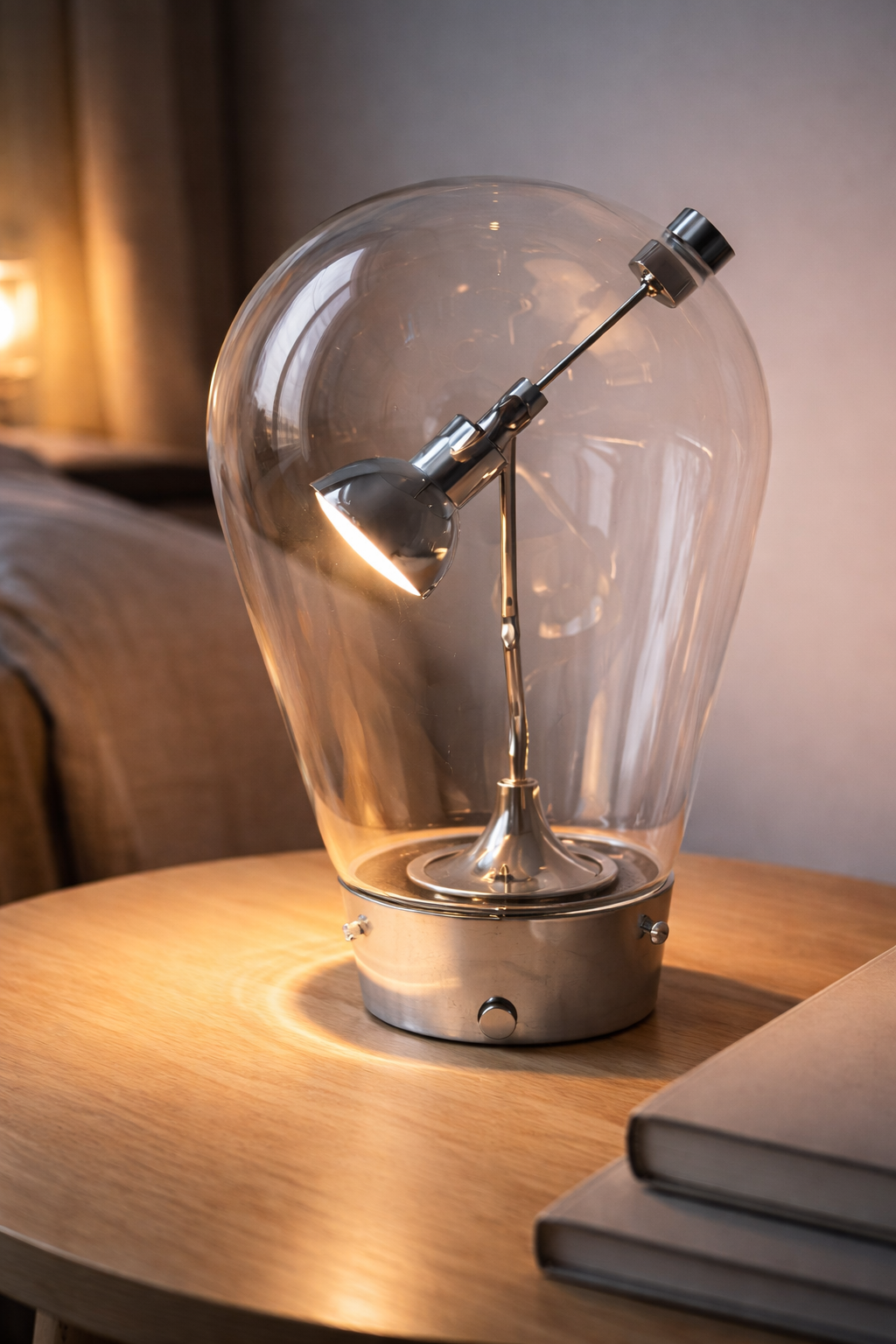 Adjustable polished-metal task lamp enclosed in a clear glass dome on a bedside table.