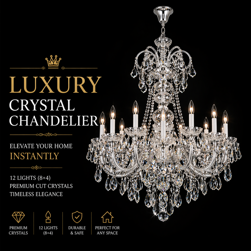 Product graphic showing a 12-light premium cut crystal chandelier in an 8+4 configuration.
