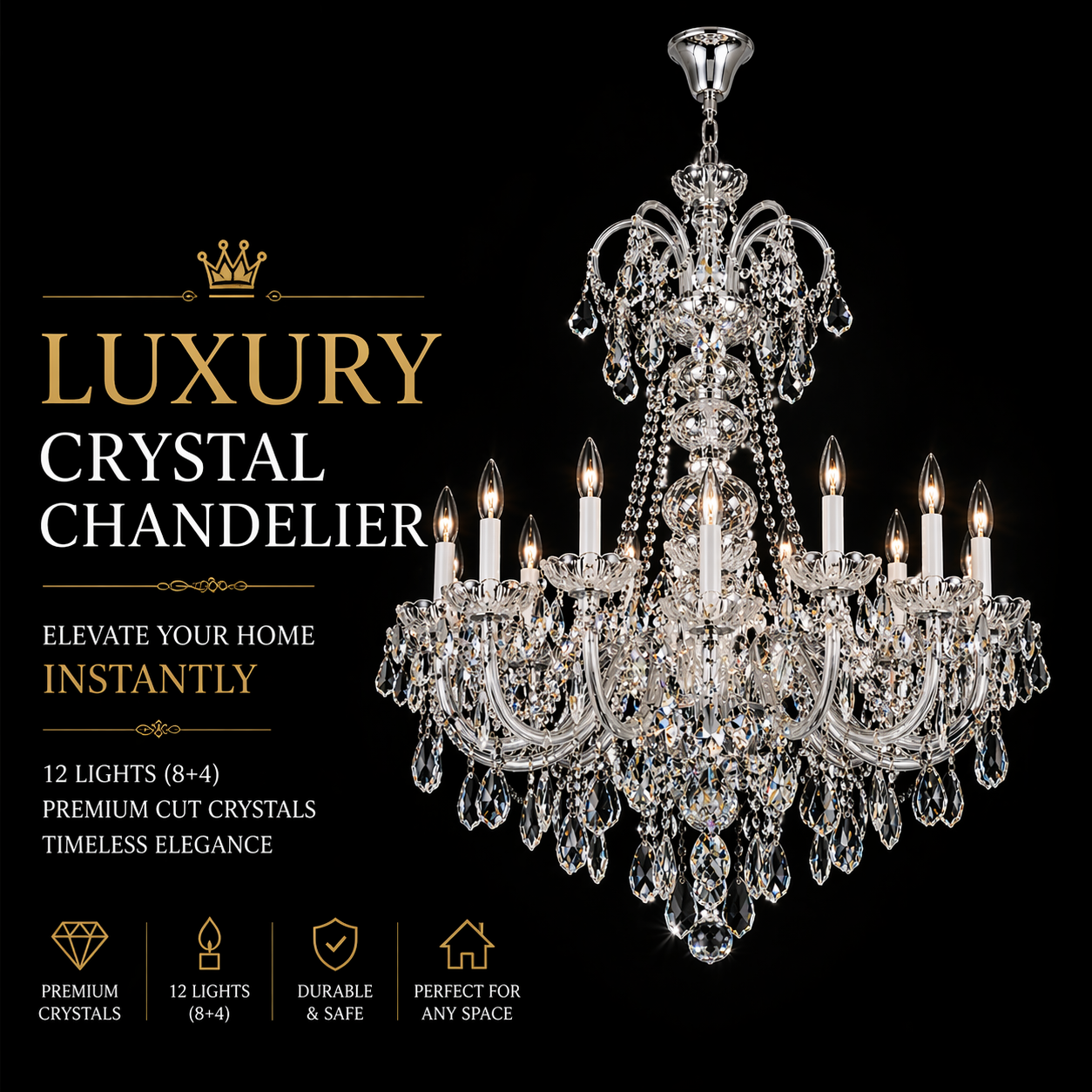 Product graphic showing a 12-light premium cut crystal chandelier in an 8+4 configuration.
