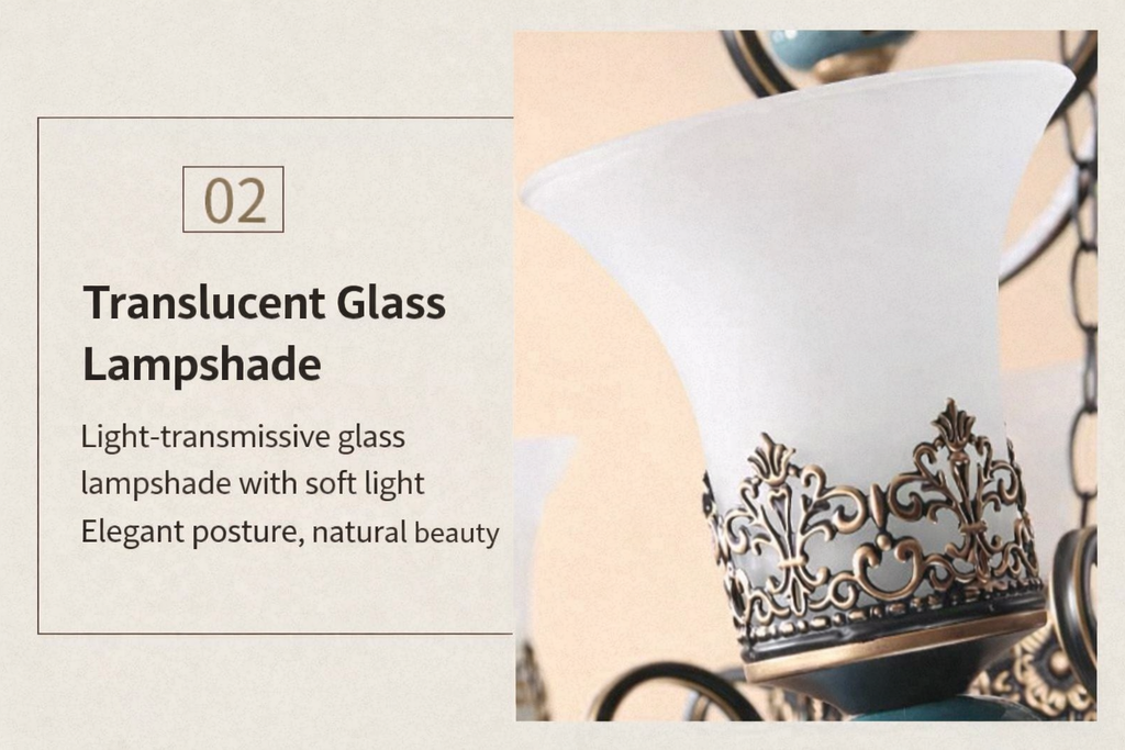 Close-up of the translucent glass lampshade and decorative metal trim.