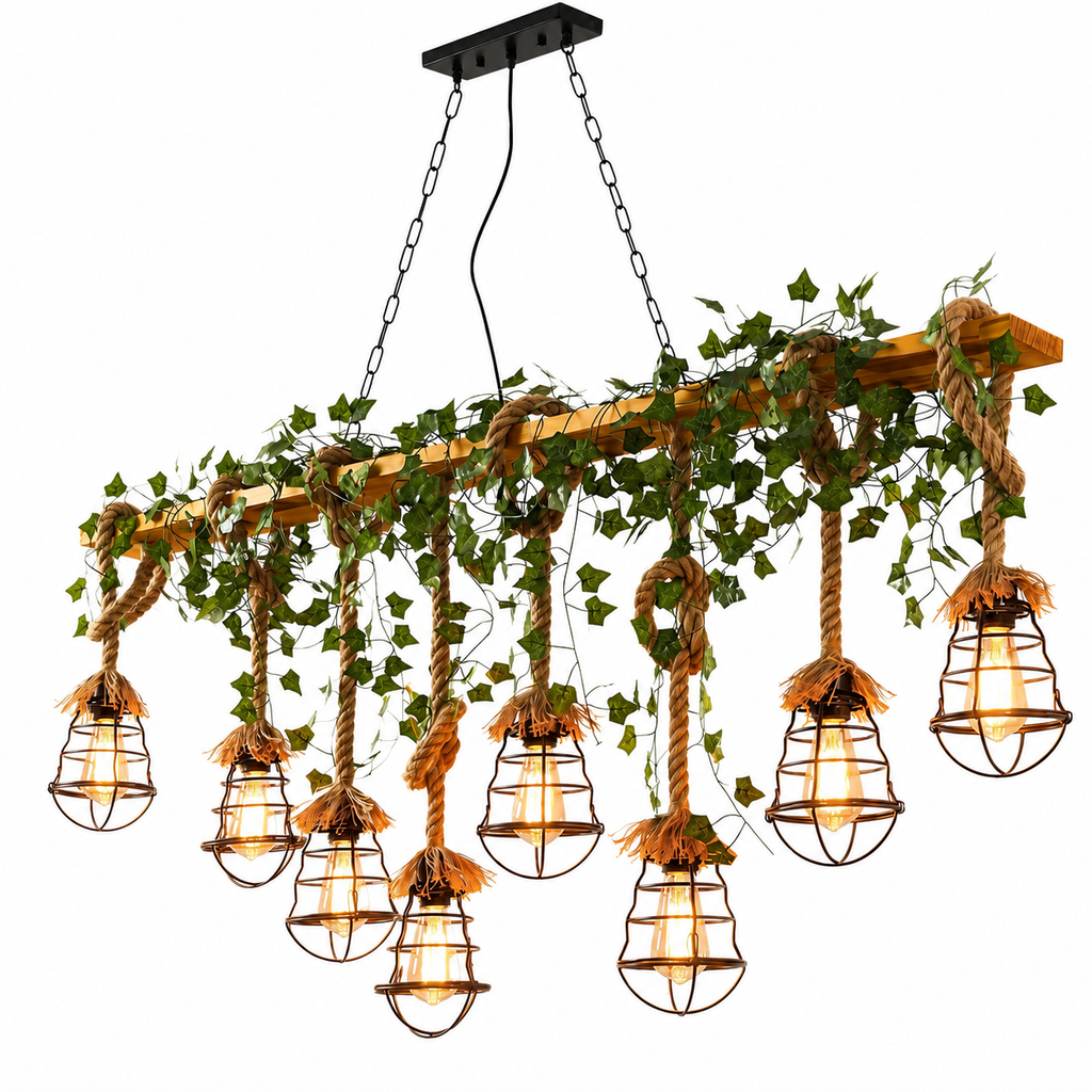 Rustic 8-Light Wood Beam Chandelier with Ivy & Rope | Farmhouse Pendant Light