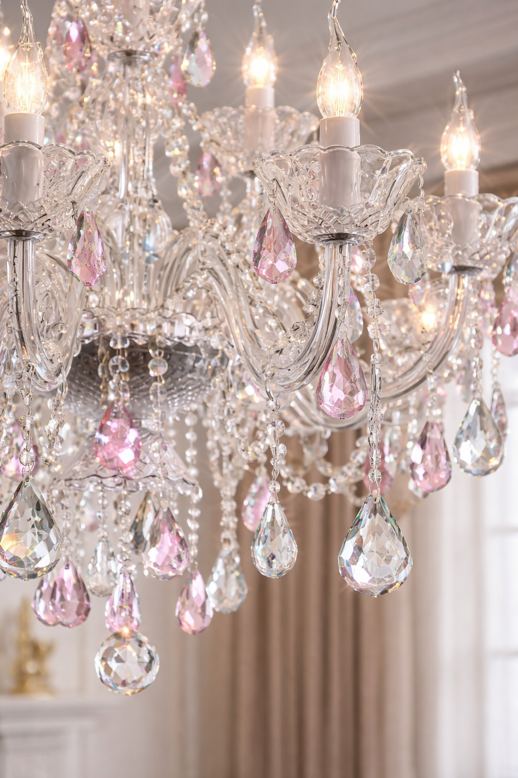 Close-up of clear glass arms and pink crystal drops.