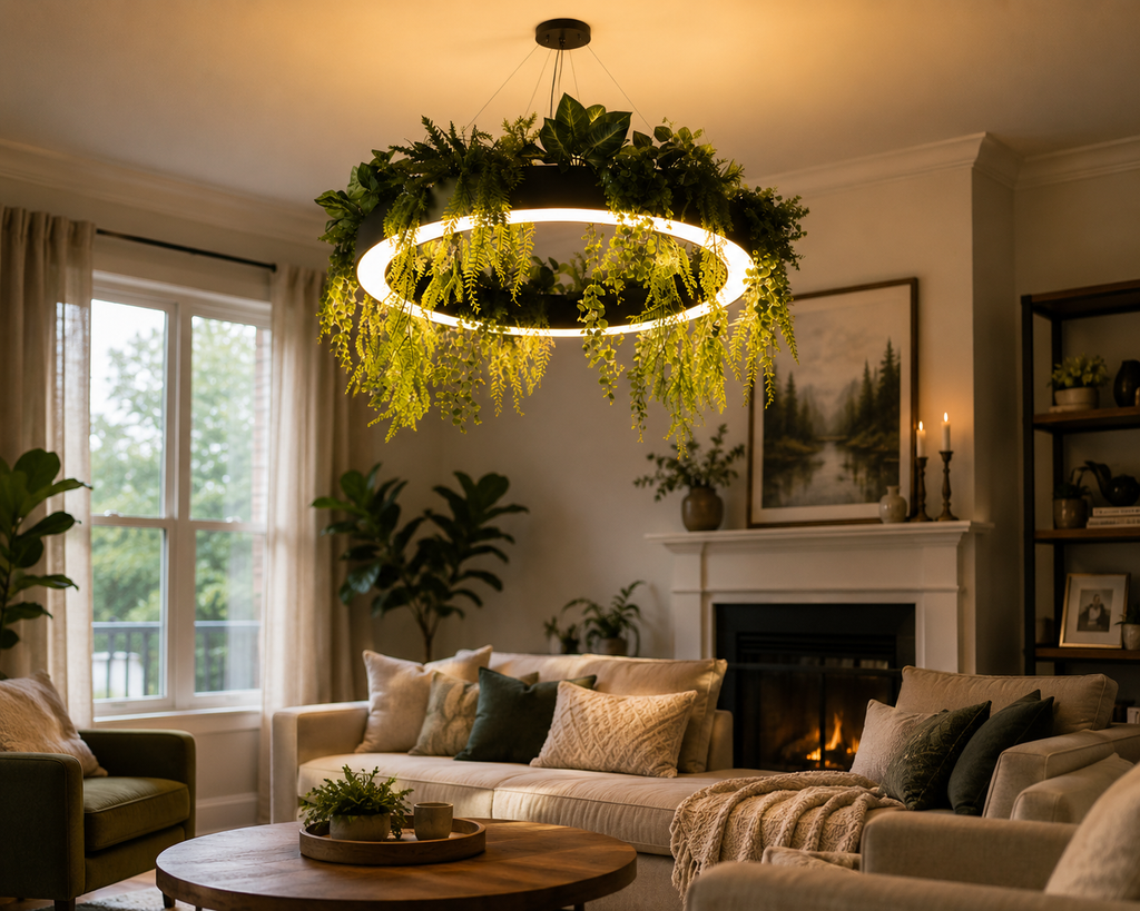 Botanical halo ring pendant light with cascading greenery above a warm modern living room.