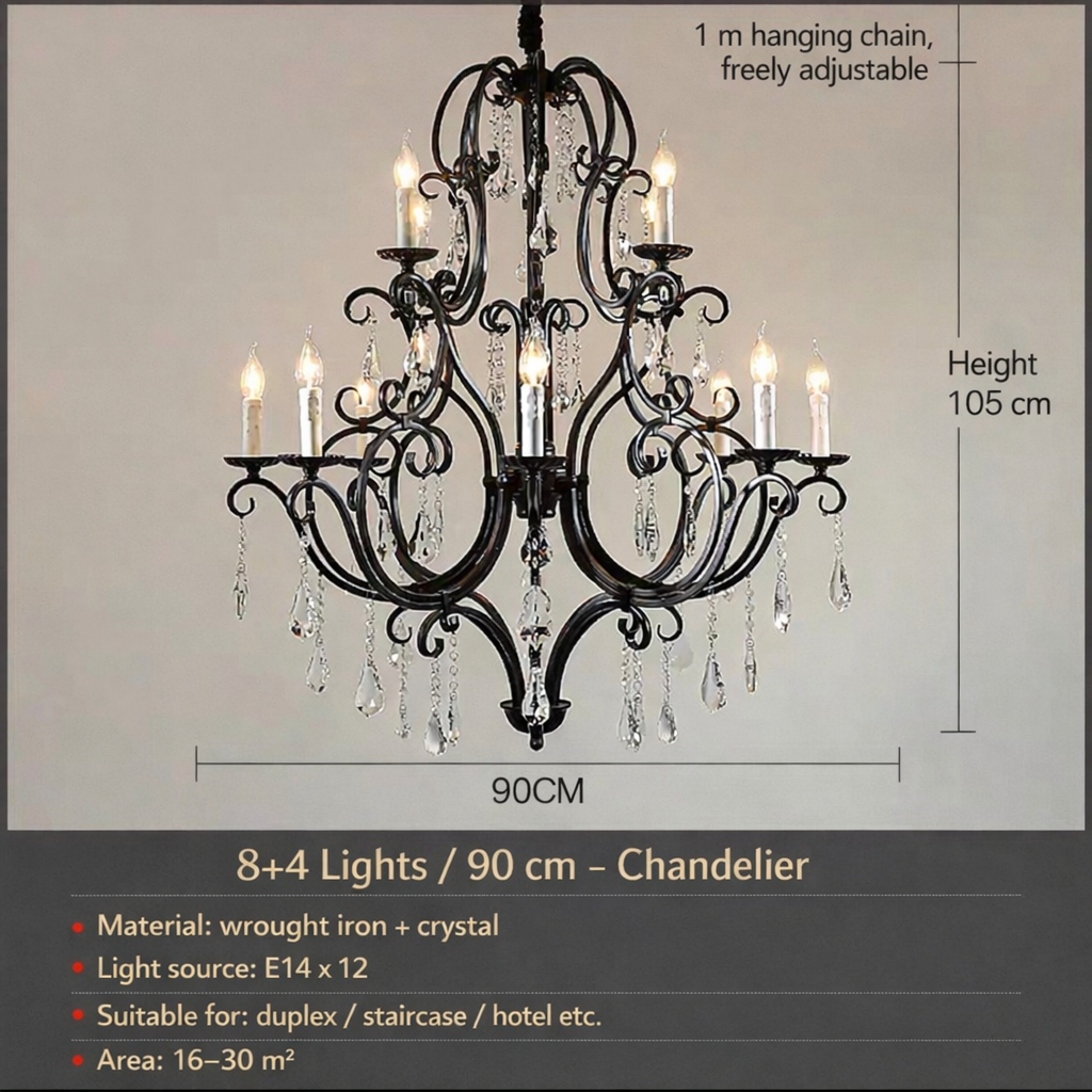 Dimension diagram showing 90 cm diameter, 105 cm height, one-metre chain and twelve E14 lights.