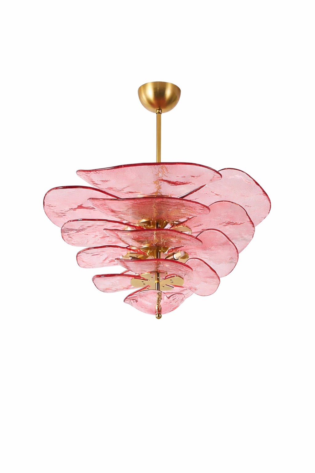 Front view of the layered pink glass chandelier with warm metal frame.