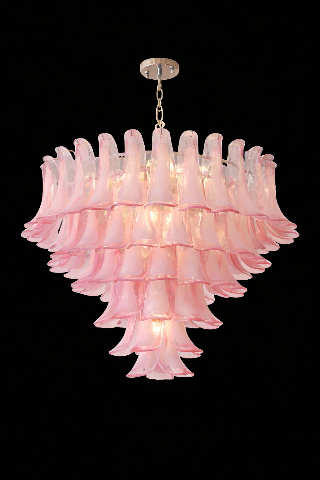 Front view of the cascading pink petal-glass chandelier against a dark background.