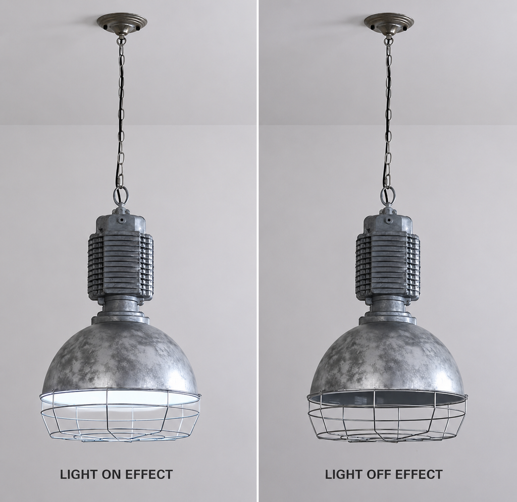 Industrial cage dome pendant shown with the light switched on and off.