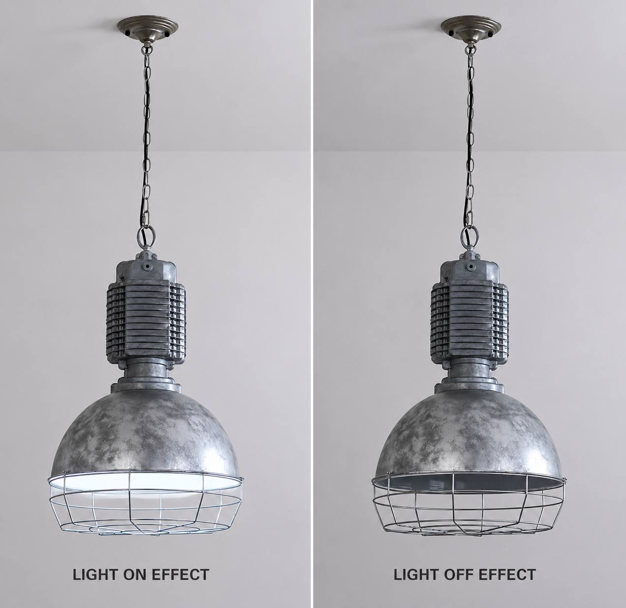 Industrial cage dome pendant shown with the light switched on and off.