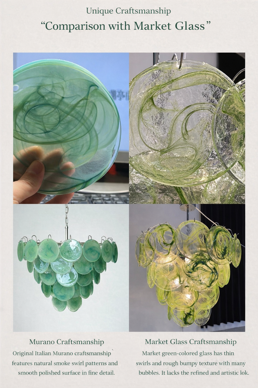Craftsmanship comparison panel showing the texture of the handmade green glass discs.