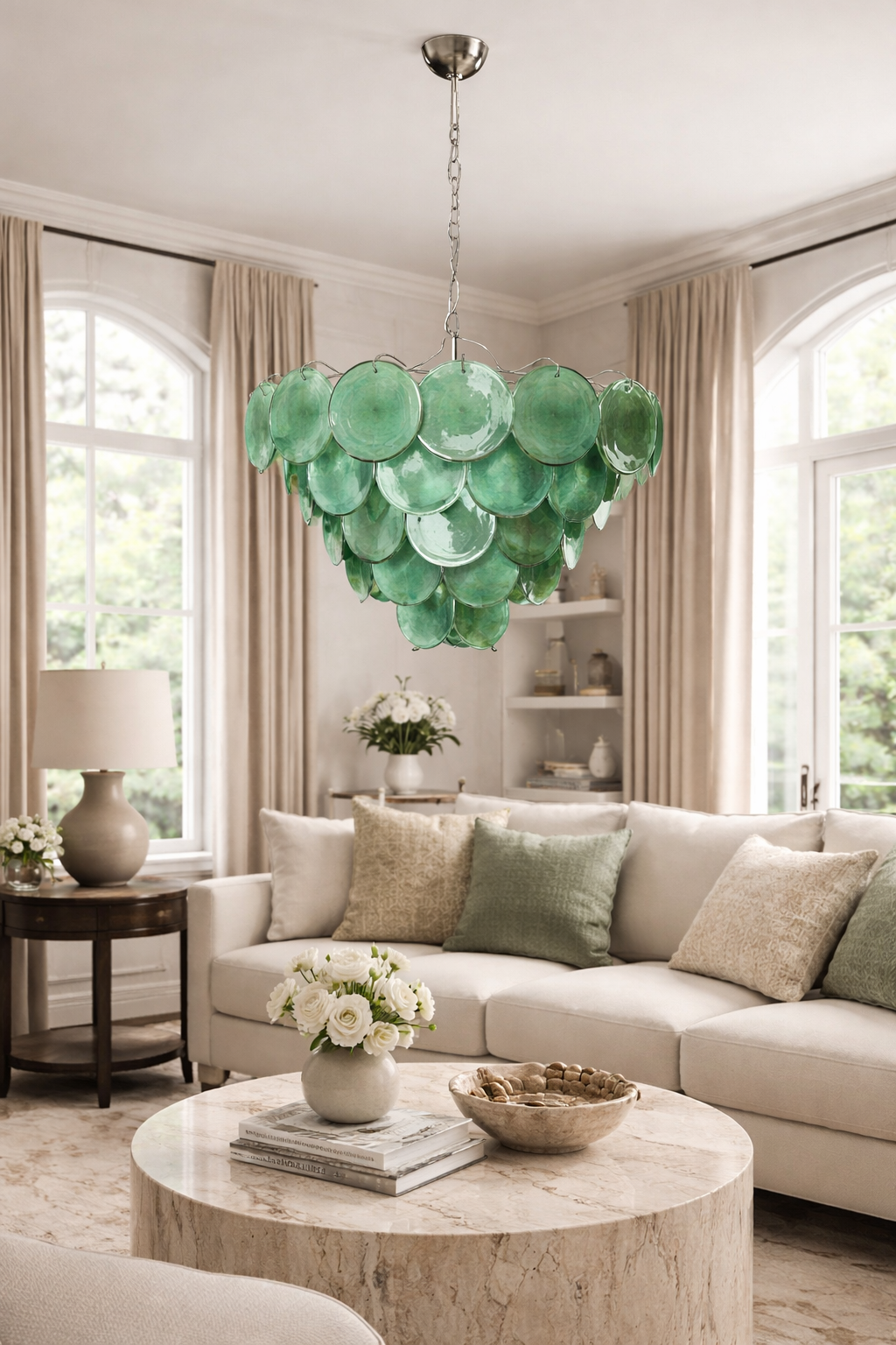 Emerald-green disc glass cascade chandelier above a neutral contemporary living room.