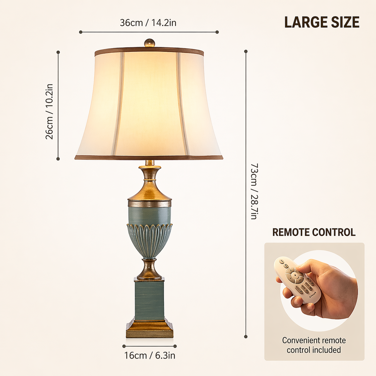 Dimension diagram showing the table lamp’s 73 cm height, 36 cm shade and 16 cm base.