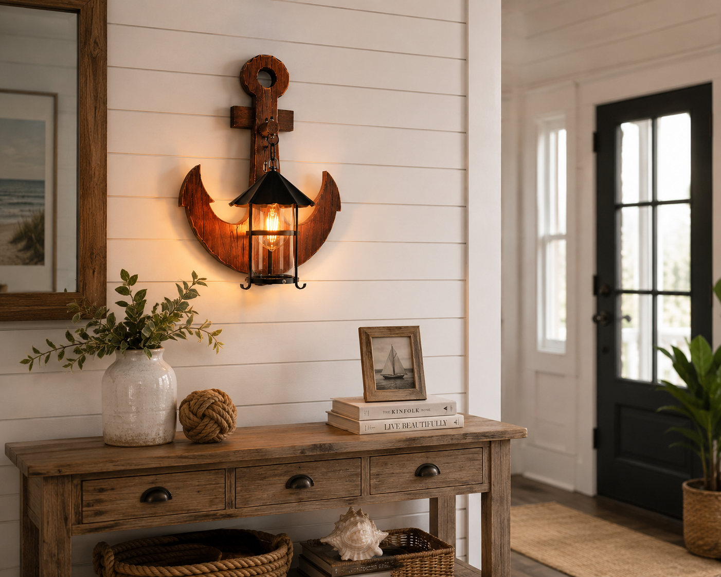 Rustic wooden anchor lantern wall light displayed in a coastal-style entryway.