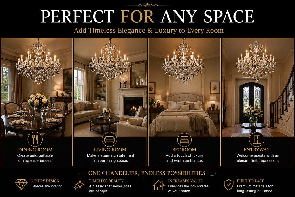12-light crystal chandelier shown in dining, living, bedroom and entrance settings.