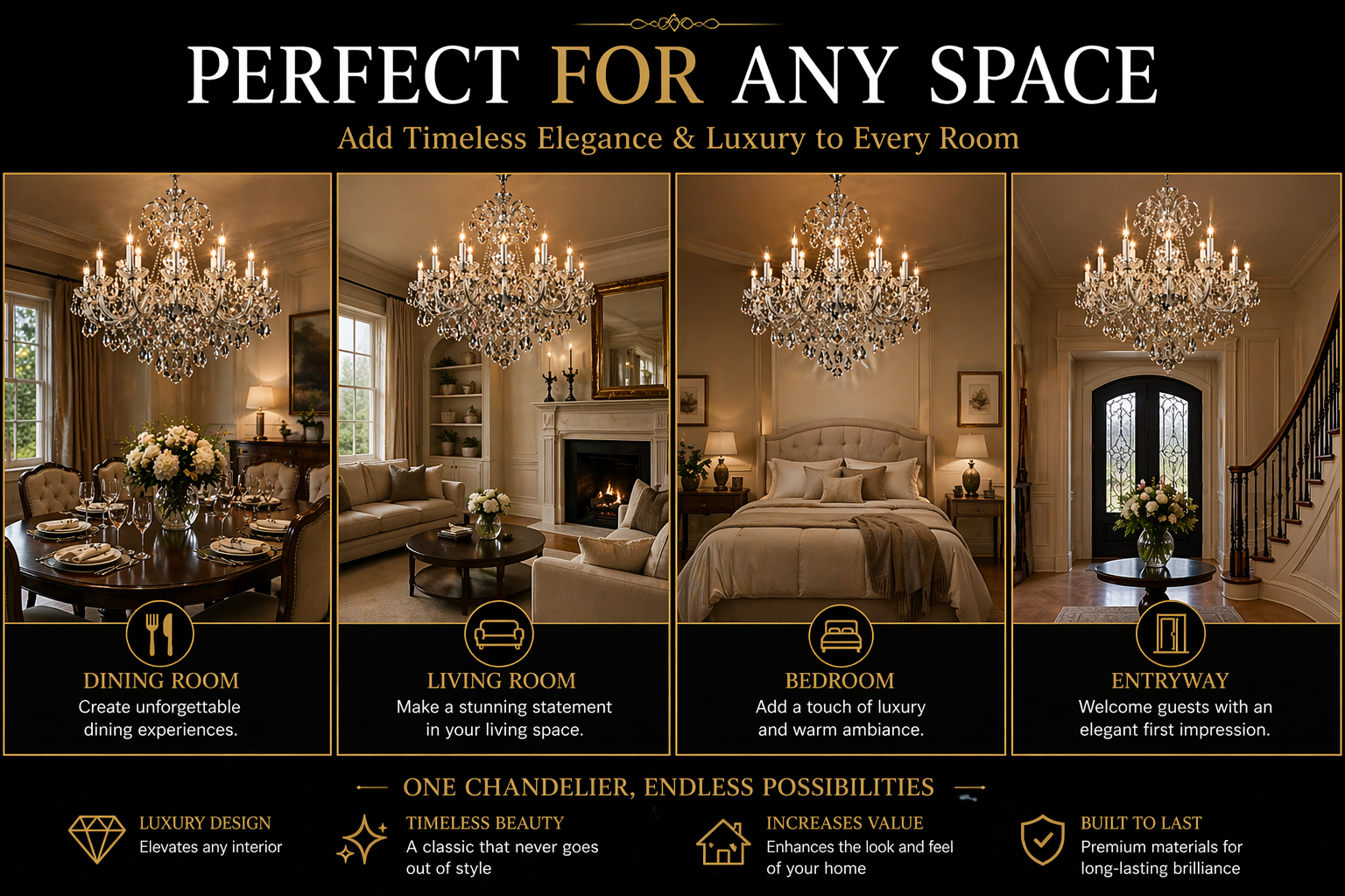 12-light crystal chandelier shown in dining, living, bedroom and entrance settings.