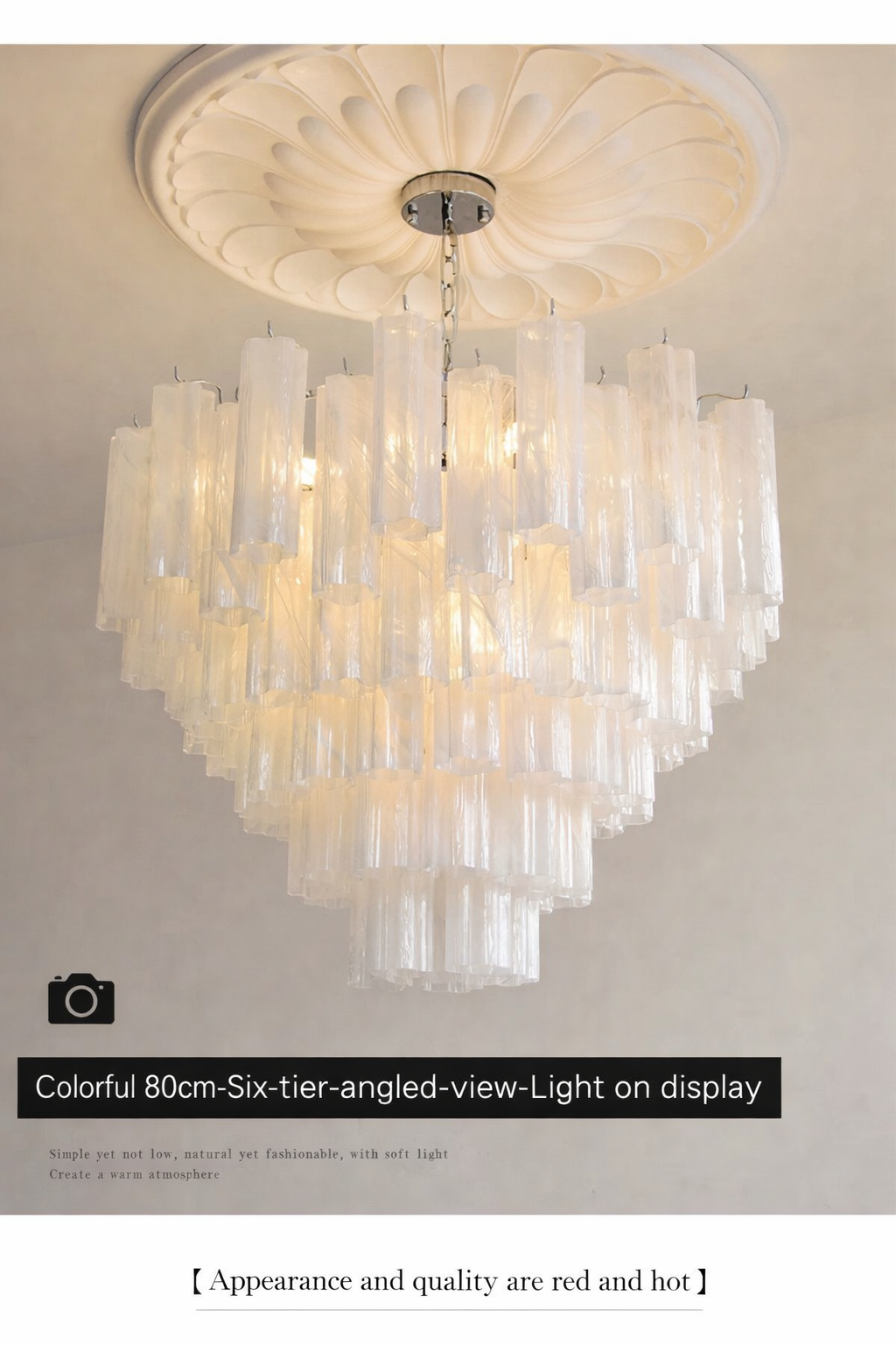 Six-tier ivory glass chandelier shown illuminated.