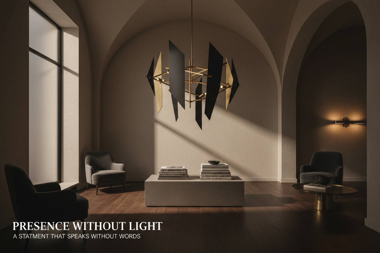 Sculptural statement chandelier displayed in a dramatic arched contemporary living room.