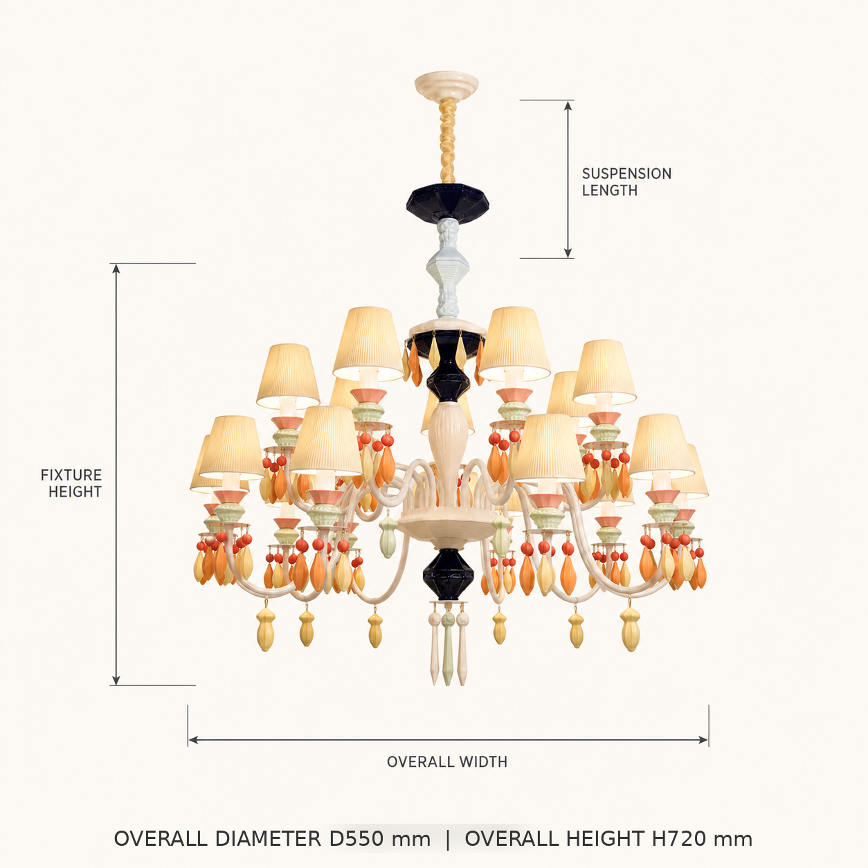 A 12-light chandelier with cream shades, peach and orange crystal drops, and black and white accents, shown with dimension lines indicating fixture height, overall width, overall diameter, suspension length, and overall height.