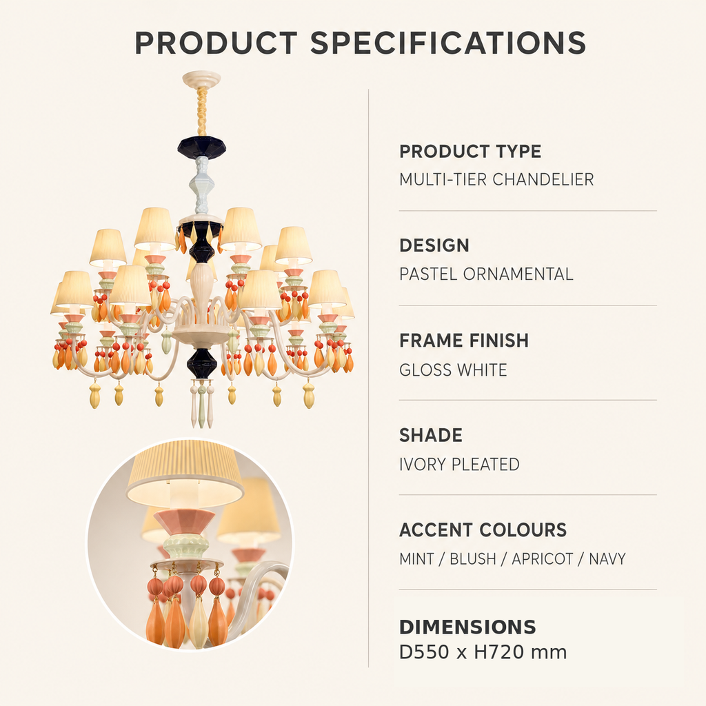 Product specifications graphic for a multi-tier chandelier. The image shows a large photo of the chandelier on the left, an inset circular close-up of the lamp shade and tassel detail below it, and text on the right listing product type, design, frame finish, shade color, accent colors, and dimensions.