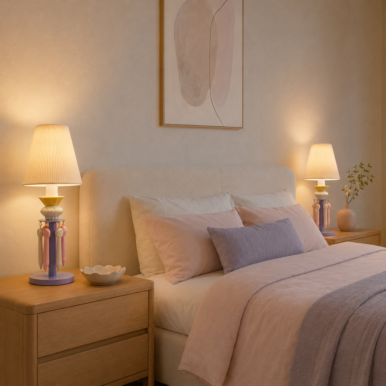 A cozy bedroom scene with a bed dressed in blush pink and lavender bedding, flanked by two matching bedside tables and lamps. The lamps have colorful glass bases in purple, blue, and gold with cream pleated shades.