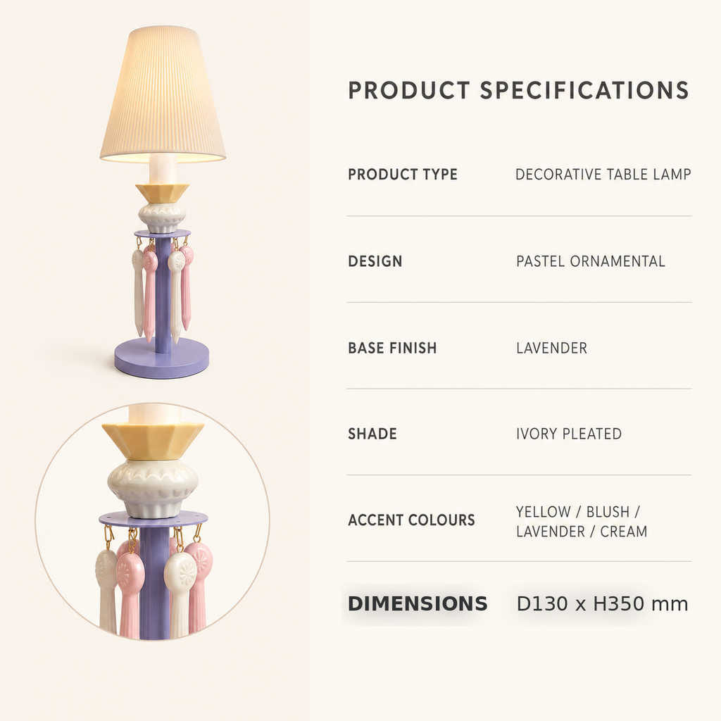 Decorative pastel table lamp with a lavender base, cream pleated shade, and yellow, blush, and lavender hanging accents, shown beside product specifications on a light beige background.