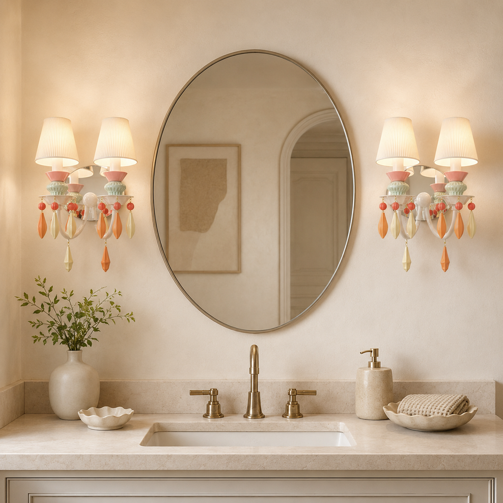 A beautifully styled bathroom vanity featuring a large oval mirror, two matching wall sconces with cream shades and coral-orange and mint green beaded accents, a beige stone countertop, and brass fixtures.