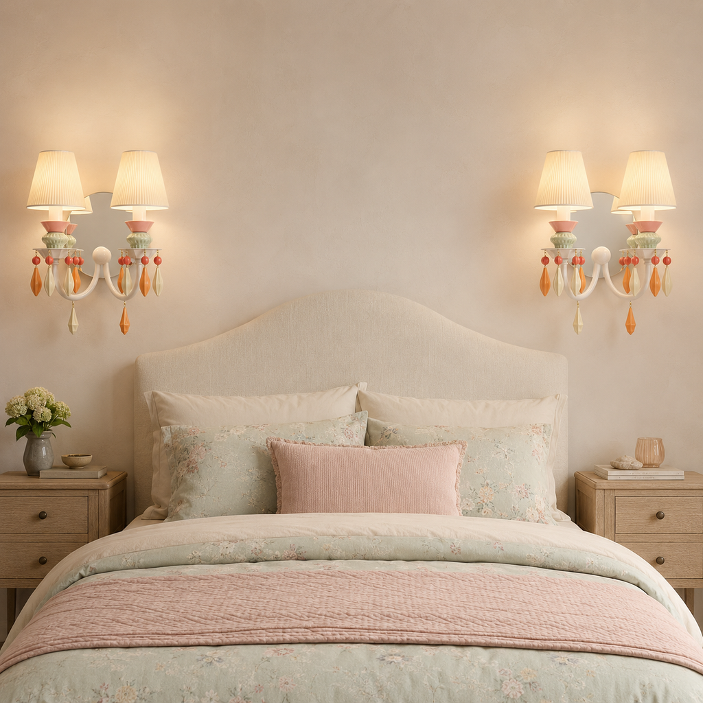 A beautifully styled bedroom featuring a bed dressed in pale sage green floral bedding with a dusty pink quilt and a pink accent pillow, flanked by two matching bedside tables and illuminated wall sconces against a warm beige wall.