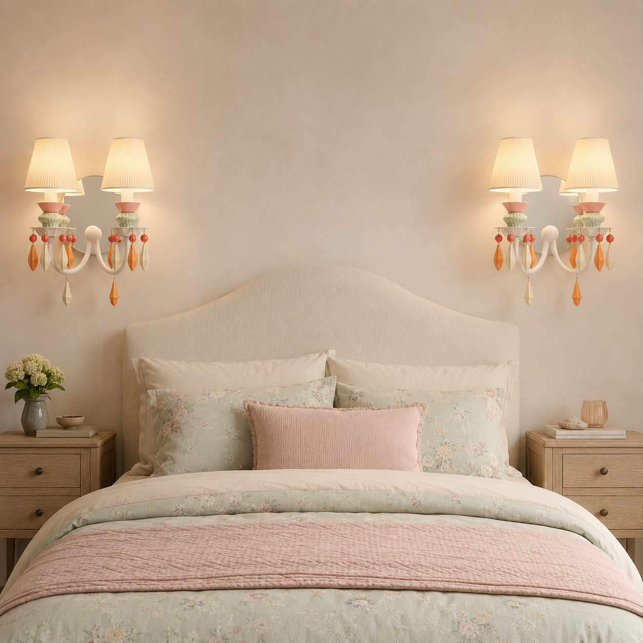 A beautifully styled bedroom featuring a bed dressed in pale sage green floral bedding with a dusty pink quilt and a pink accent pillow, flanked by two matching bedside tables and illuminated wall sconces against a warm beige wall.