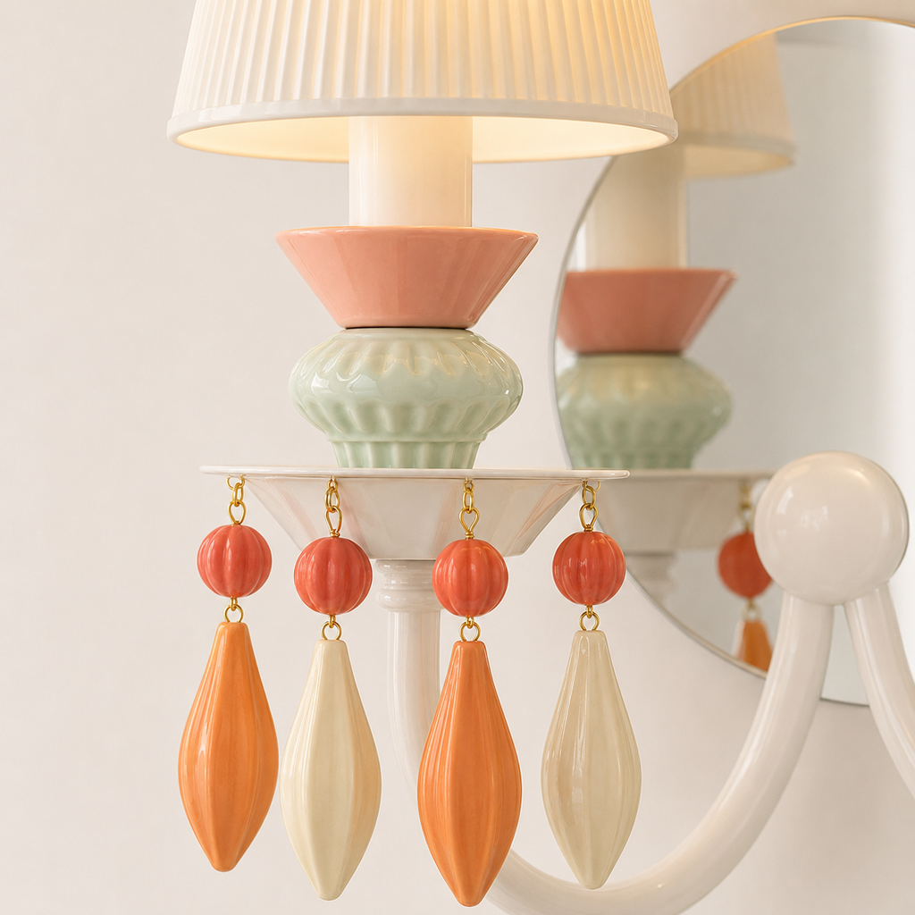 A close-up of a decorative wall sconce with a white pleated lampshade, a pale pink bowl, a light green ribbed base, and dangling peach-orange and cream teardrop earrings on gold hooks.