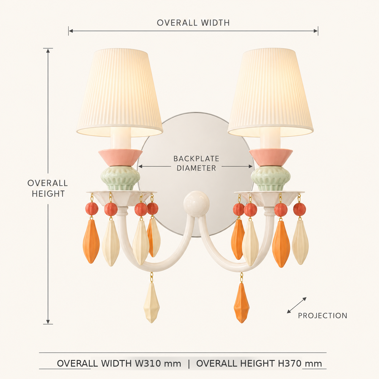 A wall-mounted two-light sconce with cream pleated shades, peach and mint green ceramic accents, and orange and cream teardrop glass drops, shown with measurement labels for overall width, height, backplate diameter, and projection on a light beige background.