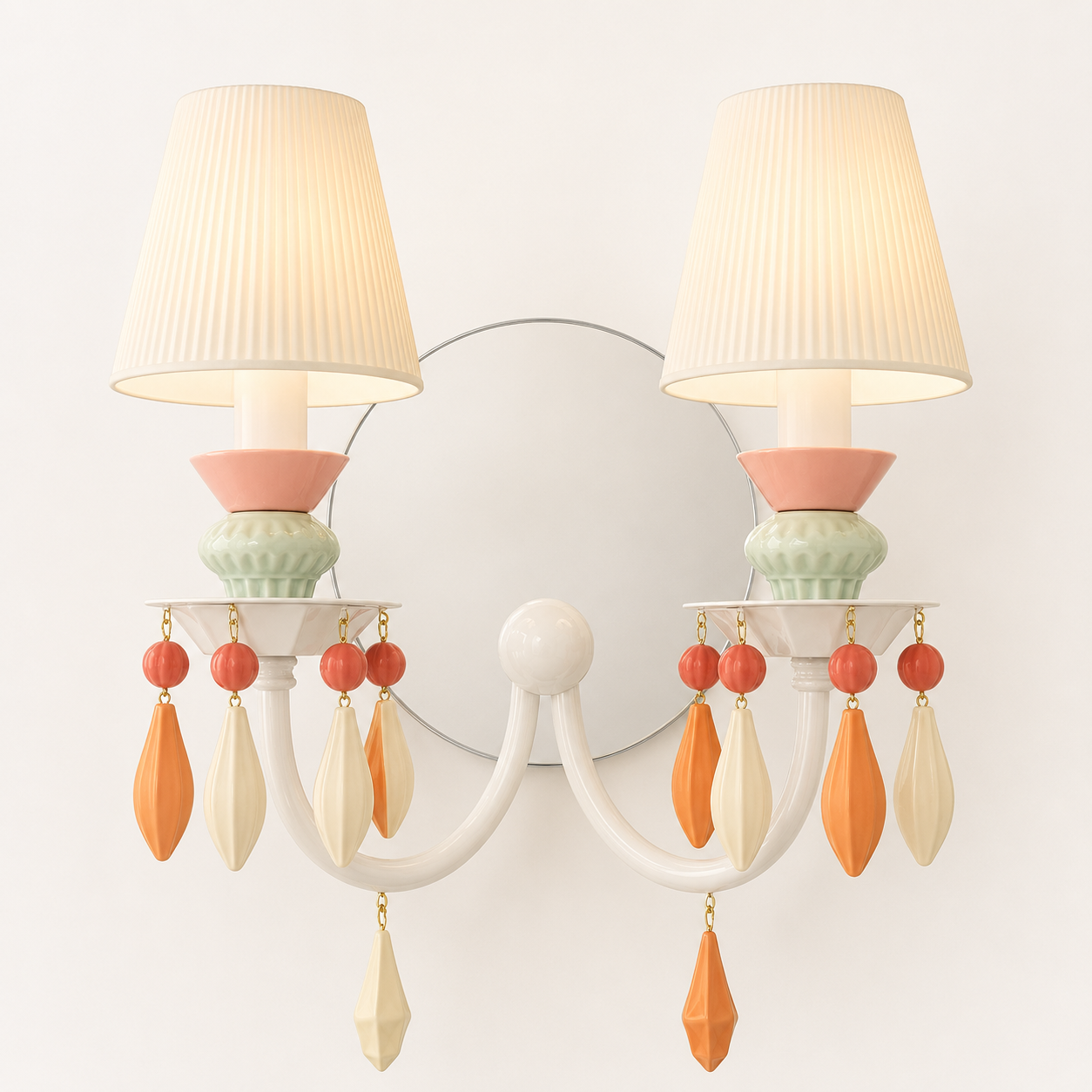 A decorative two-light wall sconce with pleated off-white fabric shades, a white curved frame, pastel pink and mint green ceramic accents, and dangling orange and cream beads.
