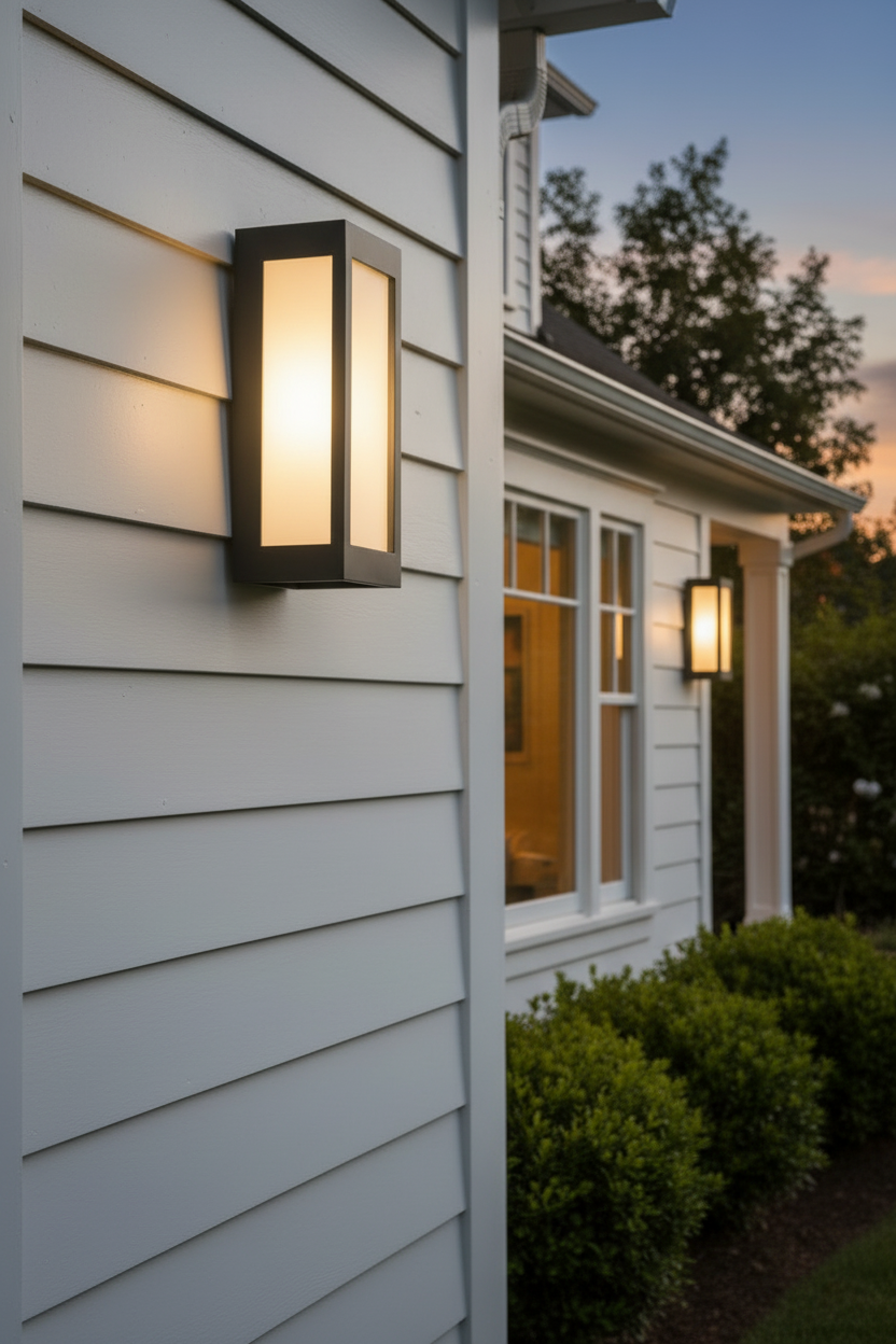 Modern rectangular outdoor wall lights glowing on a white house exterior at dusk.