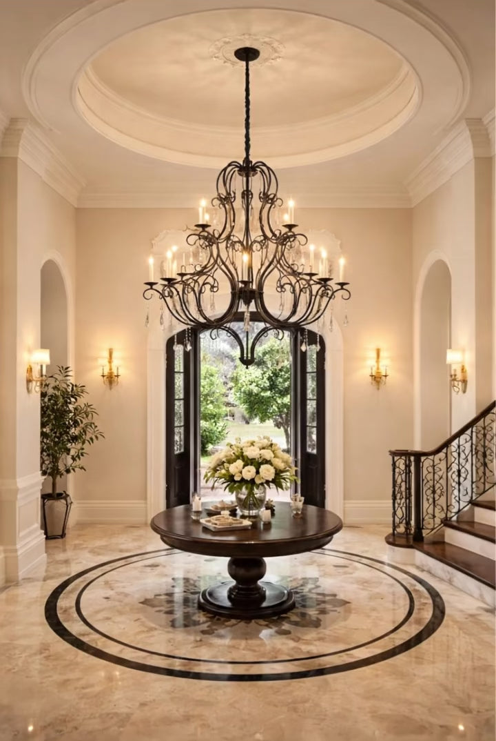 Black 12-Light Wrought-Iron Crystal Chandelier