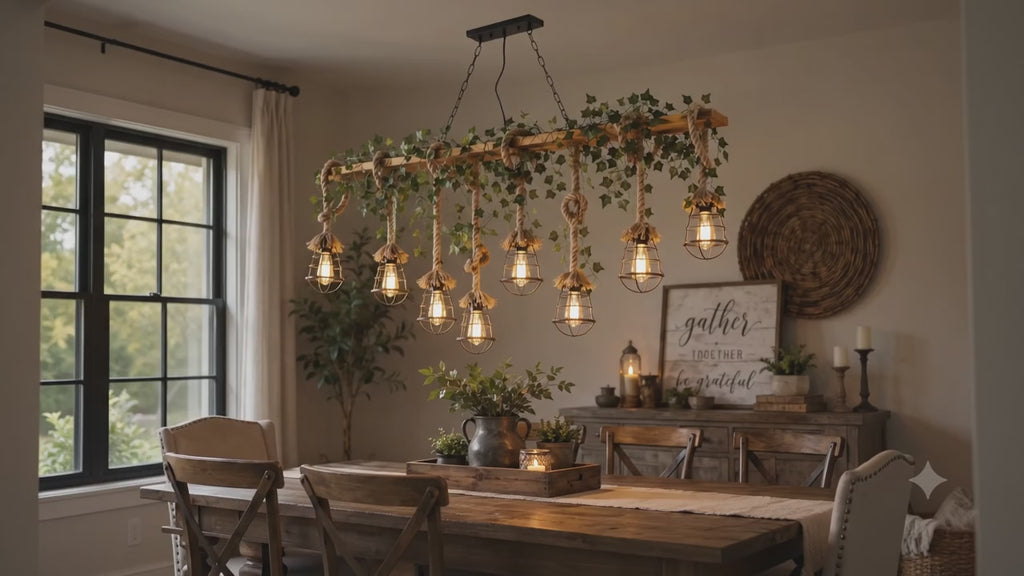 Rustic 8-Light Wood Beam Chandelier with Ivy & Rope | Farmhouse Pendant Light