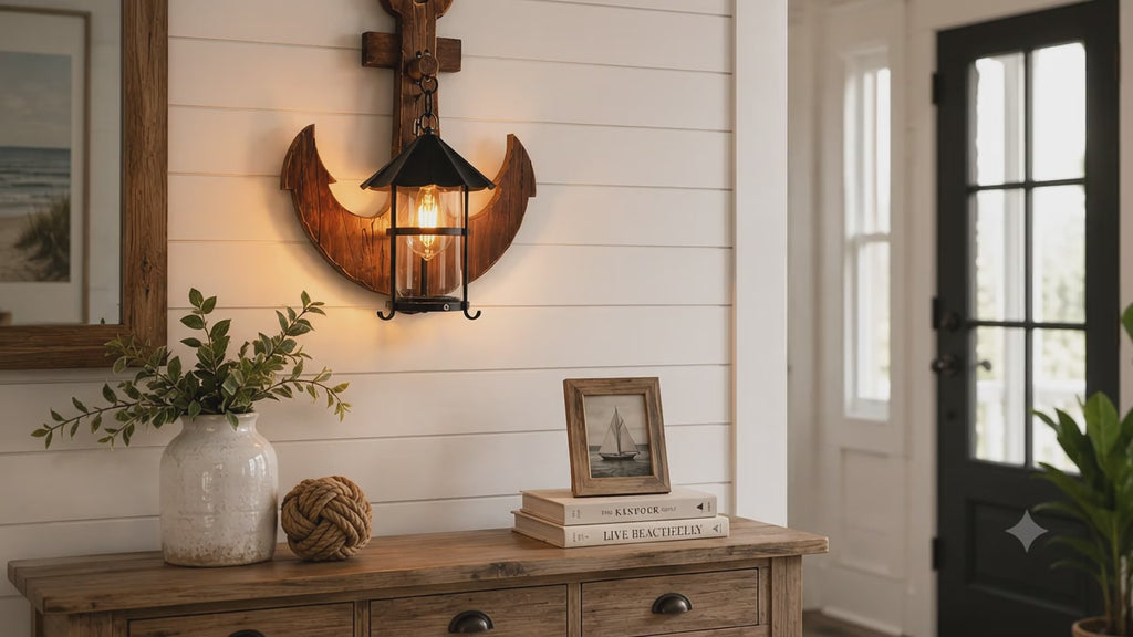 Rustic Wooden Anchor Lantern Wall Light