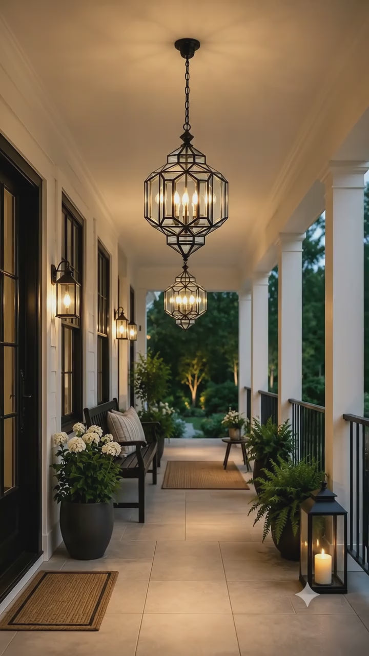 Black 3-Light Geometric Glass Lantern Pendant
