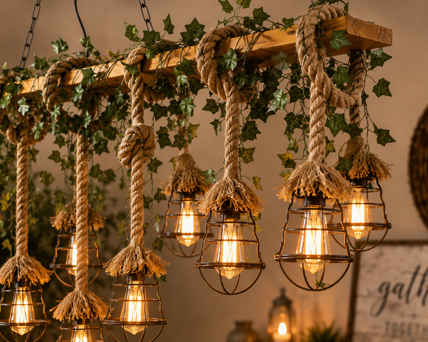 Rustic multi-light chandelier with rope hangers, metal cage shades, and warm Edison bulbs, decorated with green ivy on a wooden beam.