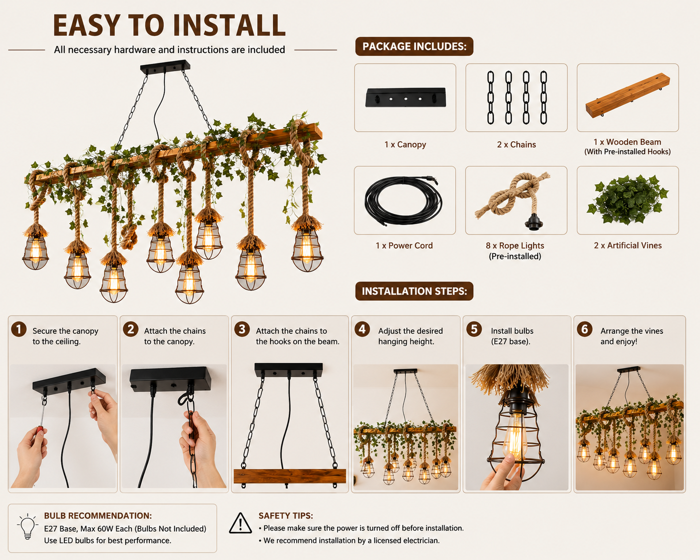 An infographic showing how to install a rustic industrial chandelier with Edison bulbs, featuring a 'EASY TO INSTALL' header, a 'PACKAGE INCLUDES' section with components, and six numbered 'INSTALLATION STEPS' with hand illustrations demonstrating the process.
