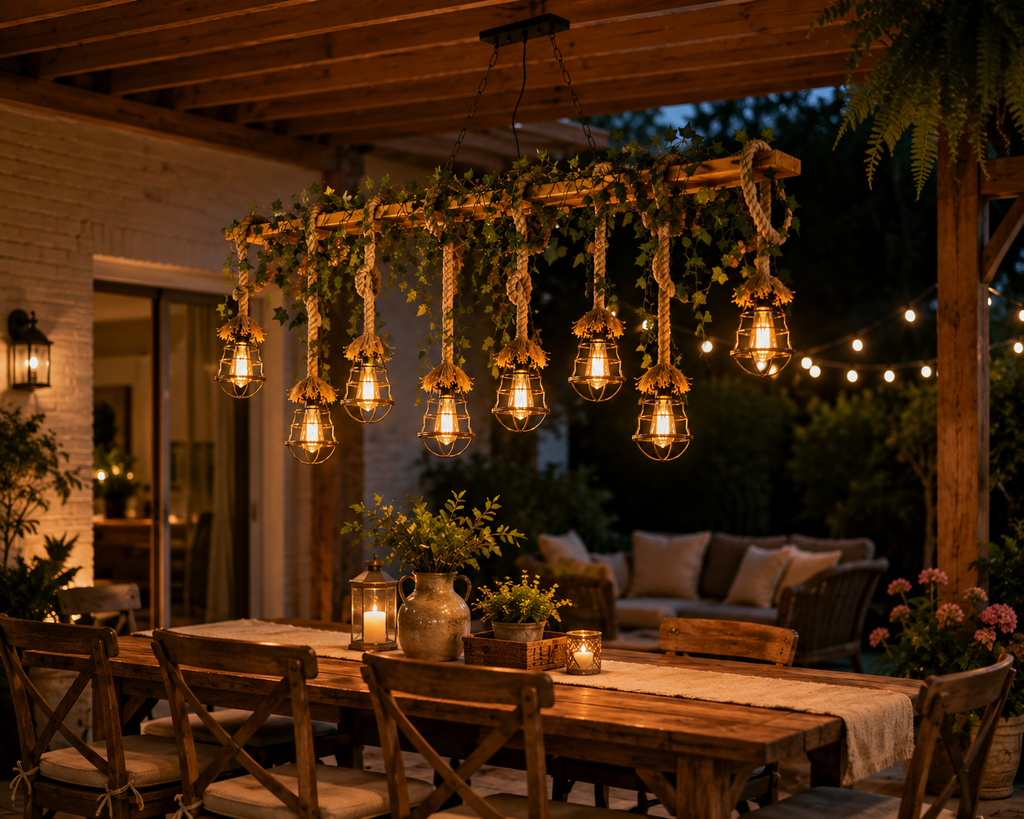 A rustic outdoor dining scene at dusk with a large hanging chandelier made of rope, greenery, and multiple warm Edison-style bulbs in metal cages suspended above a wooden table on a covered patio.