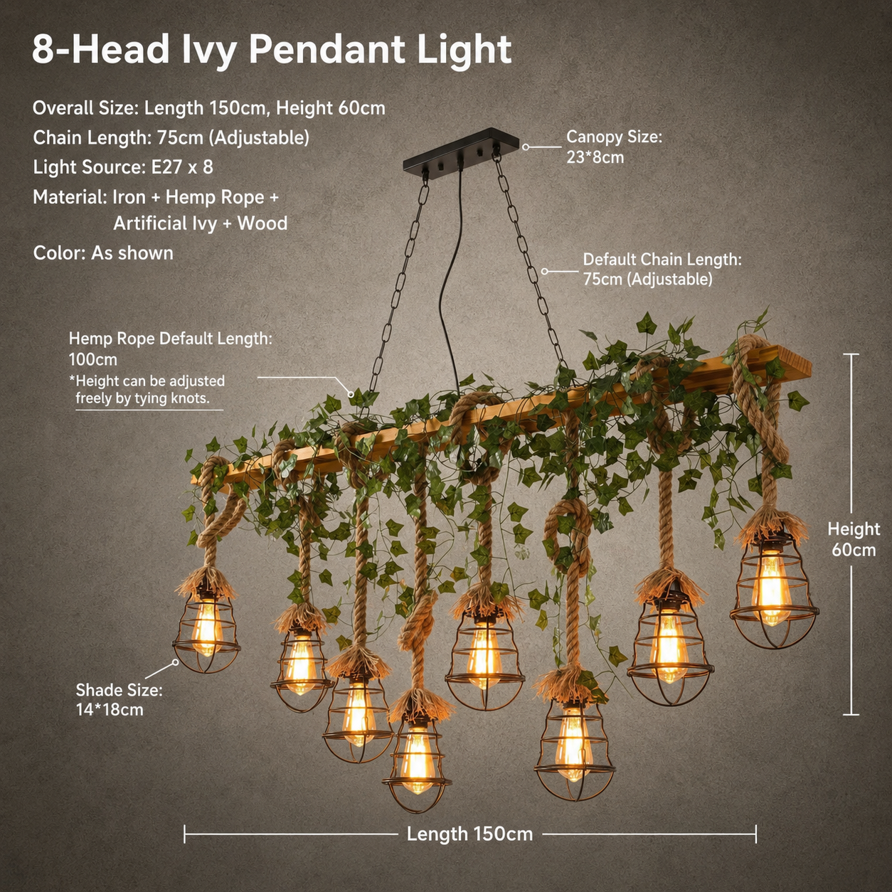 An 8-head industrial pendant light fixture with hanging wire cages, warm glowing bulbs, faux ivy greenery, and a rustic wooden top bar, shown with labeled dimensions and material/spec text on a textured gray background.